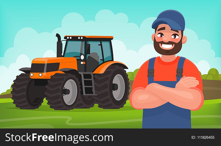 Cheerful farmer on the background of a field and a tractor. Agricultural work. Vector illustration