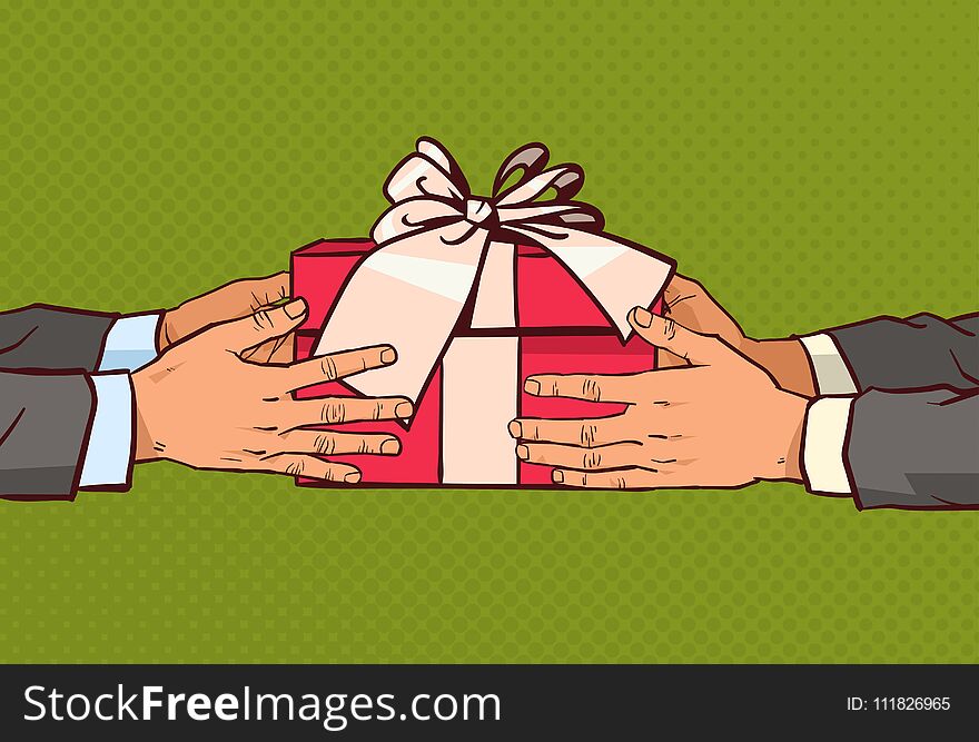 Hands Giving Gift To Another Greeting With Holiday, Red Present Box With Ribbon And Bow Over Comic Vintage Background Vector Illustration
