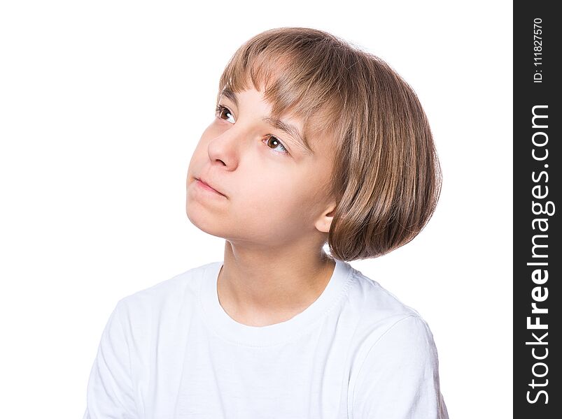 Casual thinking girl - caucasian female model. Close-up emotional portrait of child. Thoughtful kid in white t-shirt, isolated on white background. Beautiful smart serious ponder children. Casual thinking girl - caucasian female model. Close-up emotional portrait of child. Thoughtful kid in white t-shirt, isolated on white background. Beautiful smart serious ponder children.