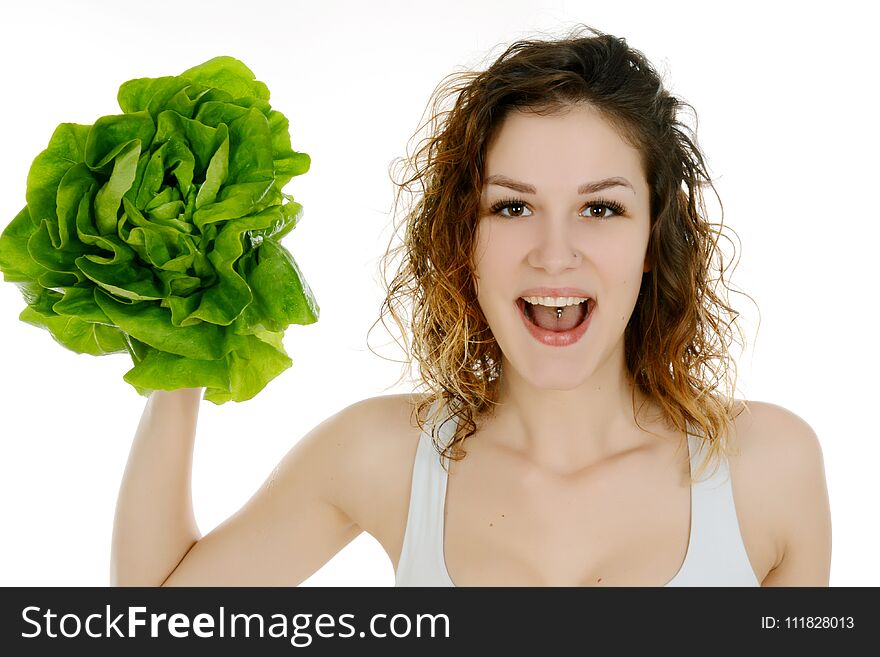 Picture of happy curly hair woman with lettuce over white. Woman play with lettuce. Picture of happy curly hair woman with lettuce over white. Woman play with lettuce