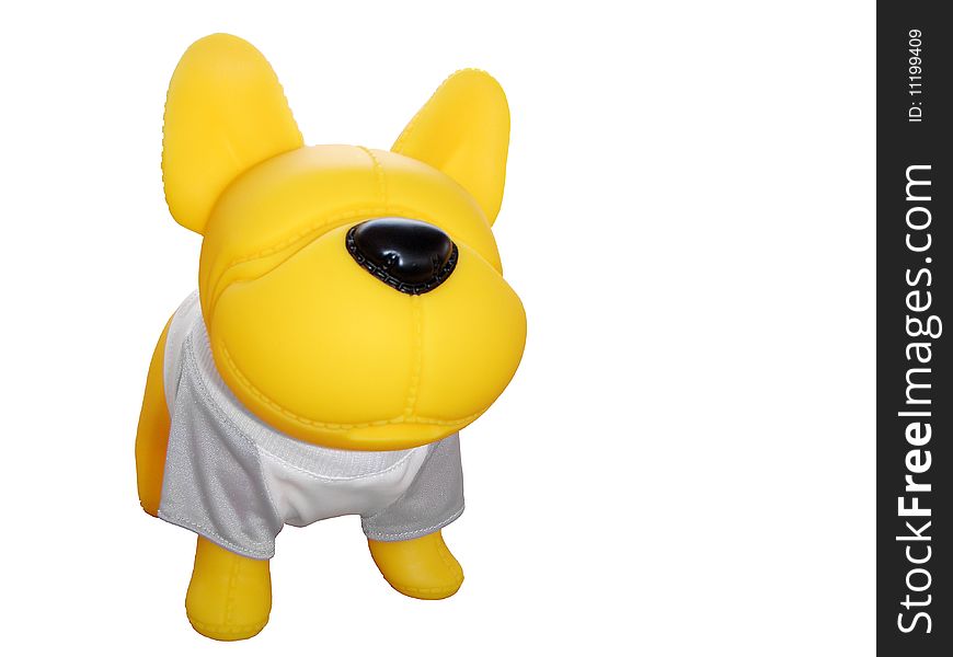 Yellow Rubber Toy Dog Against White Background