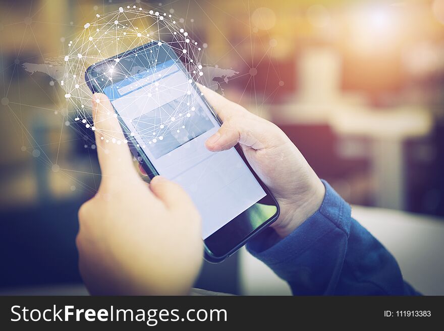 Business people hands holding smartphone with smart connection t