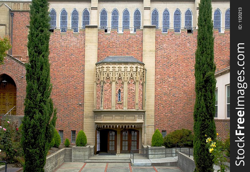 Exterior shot of the side entrance of St. Jarlath Catholic Church in Oakland, CA. Exterior shot of the side entrance of St. Jarlath Catholic Church in Oakland, CA.