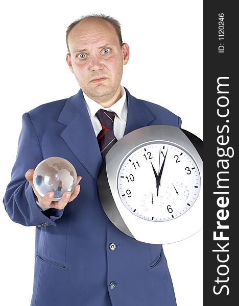 Businessman holding and looking at a clock. Businessman holding and looking at a clock