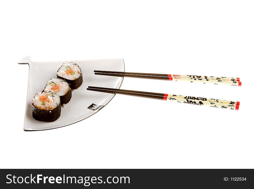 Sushi on a plate. Isolated on a white background.