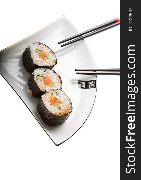 Sushi on a plate. Isolated on a white background.