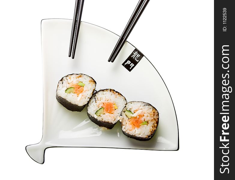 Sushi on a plate. Isolated on a white background.
