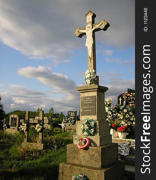 This is our cemetery in PtrukÅ¡a in East-Slovakia on a cloudy day.