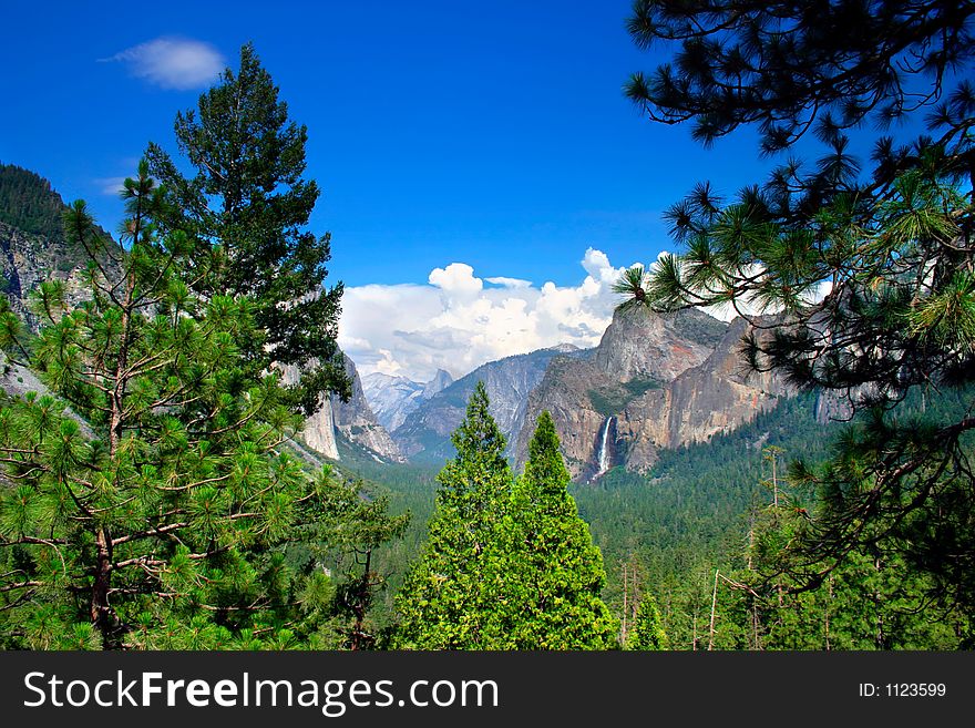 Tunnel View at Yosemite National park offers a beautiful panorama of Yosemite Valley with El Capitan on the left, Bridalveil Fall on the right and Half Dome in the center. Tunnel View at Yosemite National park offers a beautiful panorama of Yosemite Valley with El Capitan on the left, Bridalveil Fall on the right and Half Dome in the center.