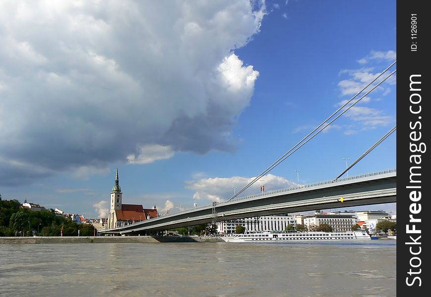 Sky and flooded Danube in Bratislava city in Slovakia