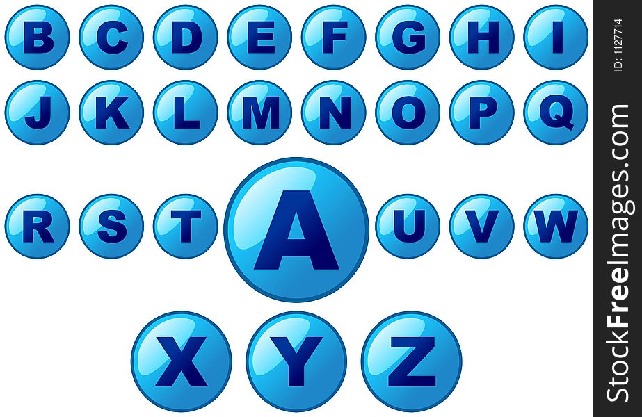 Glass blue buttons with the alphabet. Glass blue buttons with the alphabet