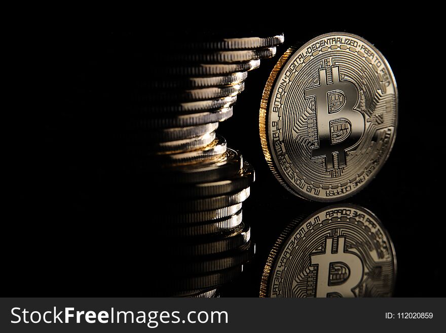 Golden Bitcoins digital currency, financial industry, Black background