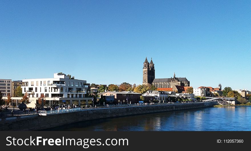 Waterway, City, Sky, Town