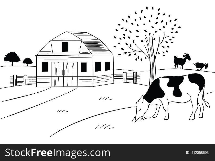 Village Farm Sketch And Outline Vector Illustration