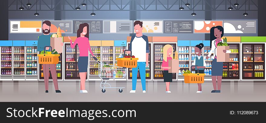 Group Of People In Supermarket, Holding Bags, Baskets And Pushing Trolleys With Grocery Products Flat Vector Illustration