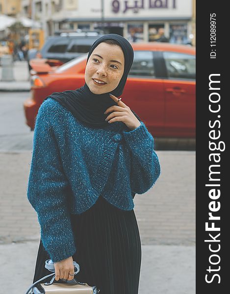 Woman in Blue Sweater With Black Hijab Outfit