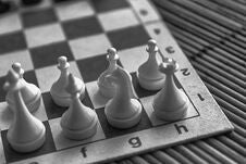 Monochrome Wooden Chess Board And Steel Chess Pieces, On Board Royalty Free Stock Image Monochrome Wooden Chess Board And Steel Chess Pieces, On Board Royalty Free Stock Image