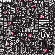 Pattern Of Words And Letters, And Women S Accessories. Fashionable Seamless. Royalty Free Stock Photo Pattern Of Words And Letters, And Women S Accessories. Fashionable Seamless. Royalty Free Stock Photo