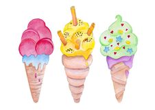 Set Of Watercolor Fruit Ice Cream On Stick Isolated On White Background. Colorful Sweet Summer Dessert For Menu Or Poster Making Royalty Free Stock Images