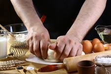 Baker Knead Dough Bread, Pizza Or Pie Recipe Ingredients With Hands, Food On Kitchen Table Background, Working With Milk, Yeast, F Stock Photo
