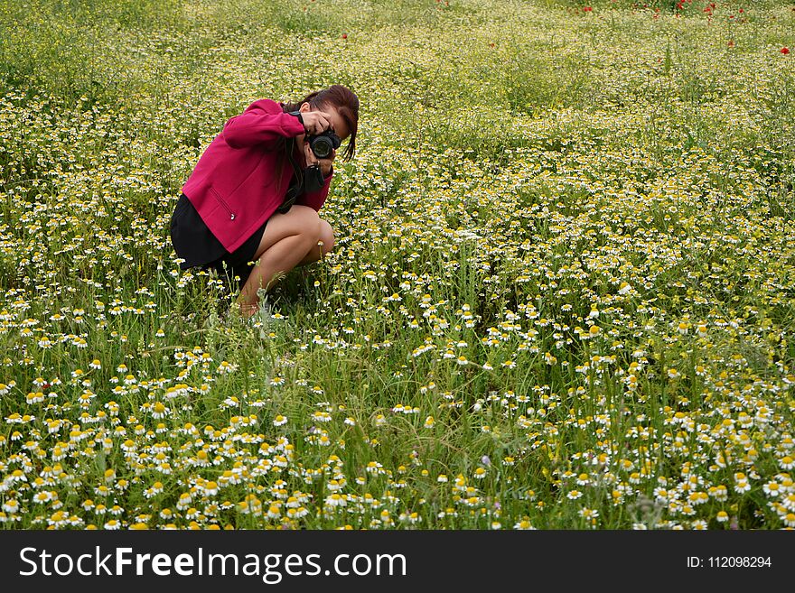 The young girl is taking pictures outdoors in the field of daisies.