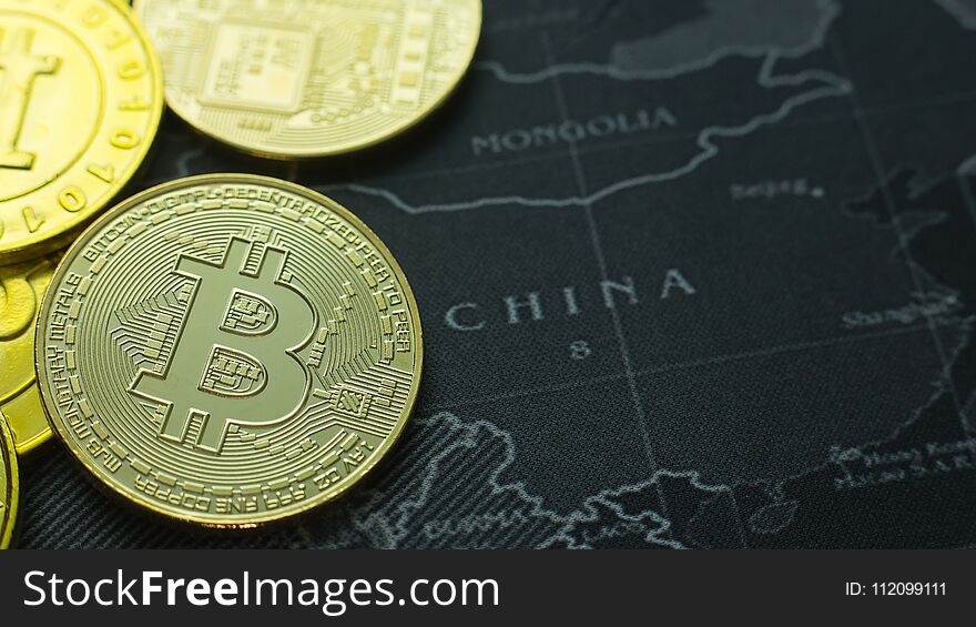 The Gold coin Bitcoin on dark map concept image picture for Background.
