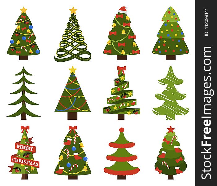 Abstract spruces with garlands and toys, topped by hat or star vector on white. Big set of Christmas tree symbols with or without decorative elements. Abstract spruces with garlands and toys, topped by hat or star vector on white. Big set of Christmas tree symbols with or without decorative elements