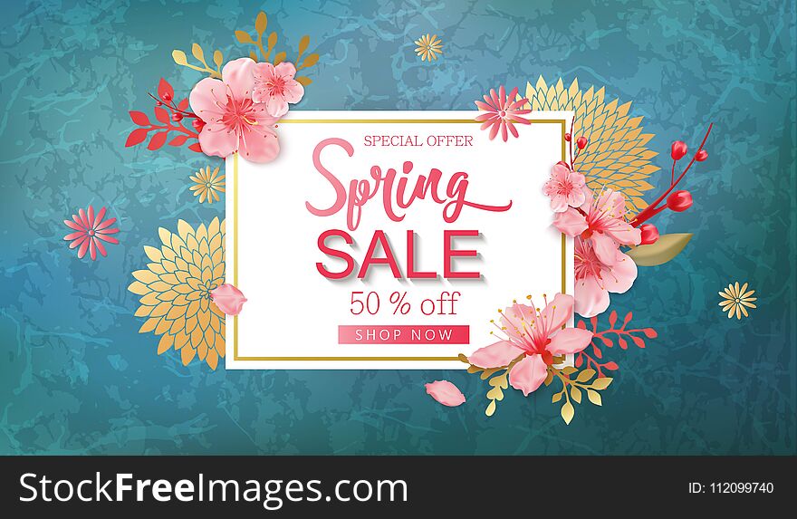 Spring Sale Vector Illustration. Banner With Cherry Blossoms.