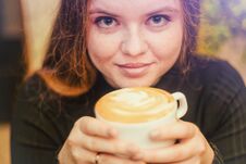 Beautiful Girl With Red Hair And Freckles Drinking Coffee Portrait Stock Photos