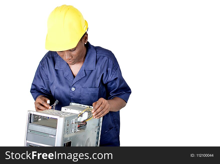 Worker, Smiling, Standing, Workplace, Looks, Woman, Young Girl Helmet Yellow Beautiful, Beauty, Gray, Outdoors, Background, Ta