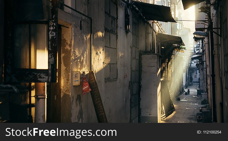 Wuhan China Asia winter Sunshine in Hutong makes a great line Yellow and red sunshine