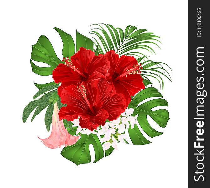 Bouquet with tropical flowers floral arrangement, with beautiful red hibiscus, palm,philodendron and Brugmansia vintage vector illustration editable hand draw