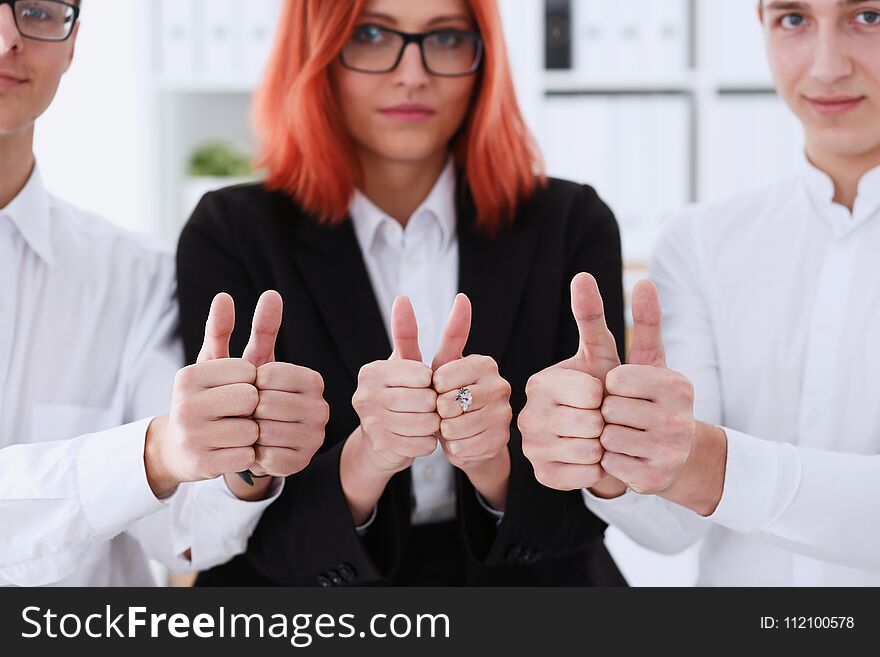 Group of people show ok or confirm with thumb up during conference closeup. High level quality product serious offer excellent education mediation solution creative advisor participation concept