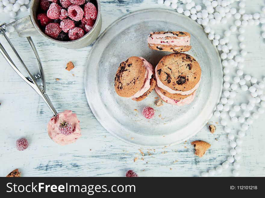 Ice cream sandwiches with strawberry. Summer snack. Dessert