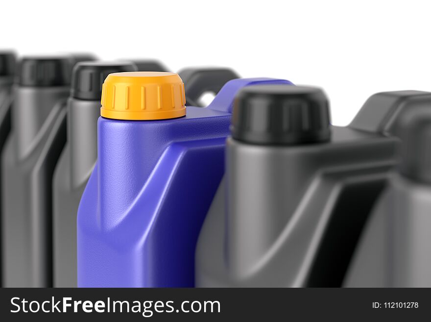 Unique motor oil plastic jerry can among a group of ordinary ones. Business leadership, uniqueness and outstanding quality advantage concept. 3D illustration. Unique motor oil plastic jerry can among a group of ordinary ones. Business leadership, uniqueness and outstanding quality advantage concept. 3D illustration