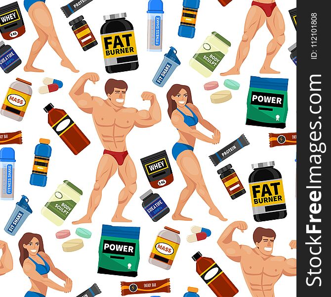 Bodybuilders gym athlete seamless pattern background sport food diet symbols fitness nutrition protein powder drink vector illustration. Jars and bottles with supplements for muscle growth.