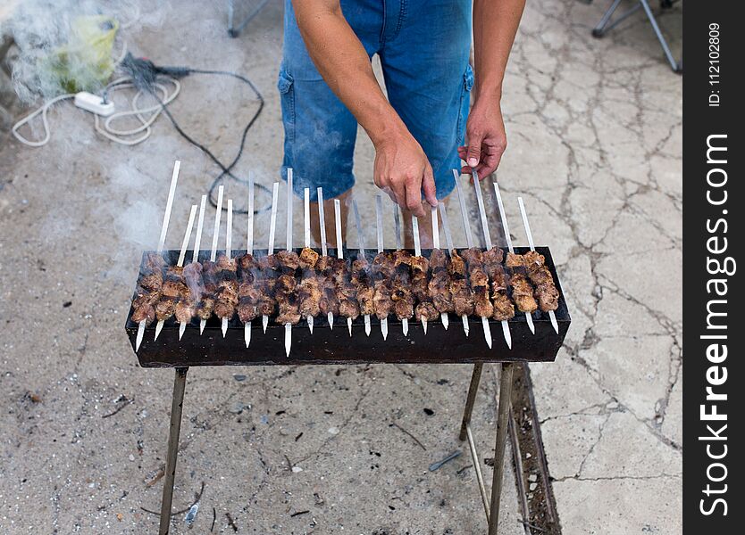 Shish kebab on coals . In the park in nature