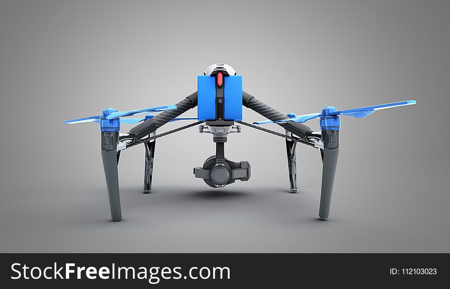 White drone quadrocopter with photo camera flying in the blue sky Concept of aero film 3d render