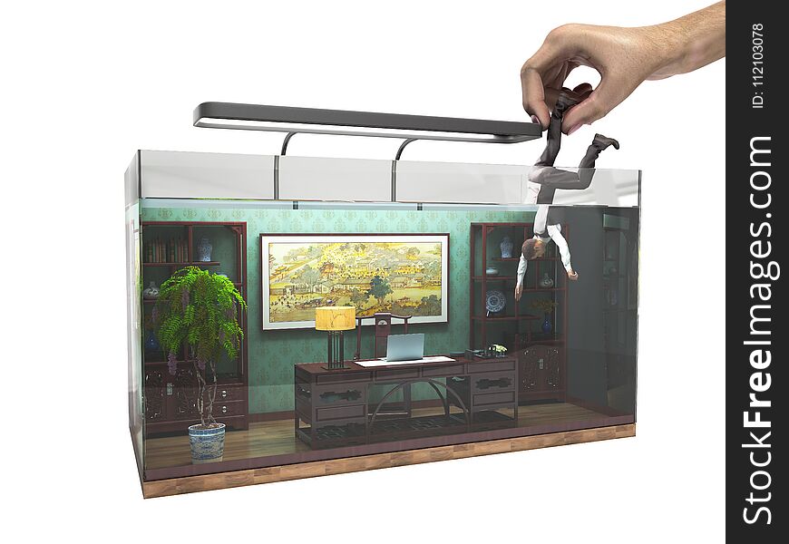 modern cconcept of labor slavery, social exclusion, working office in the aquarium with hand holding 3d genereted person 3d render