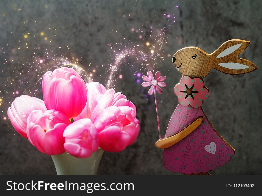 Easter decoration, Easter Bunny and pink tulips
