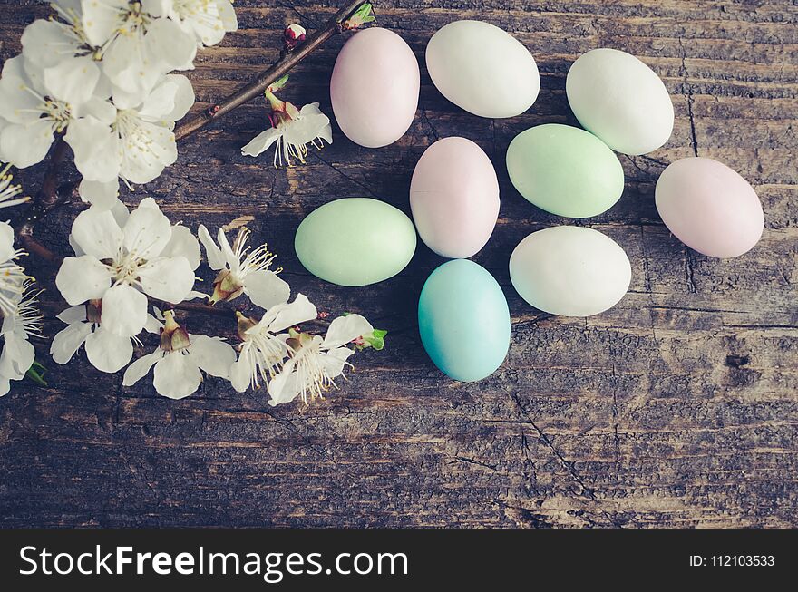 Easter eggs on wooden background