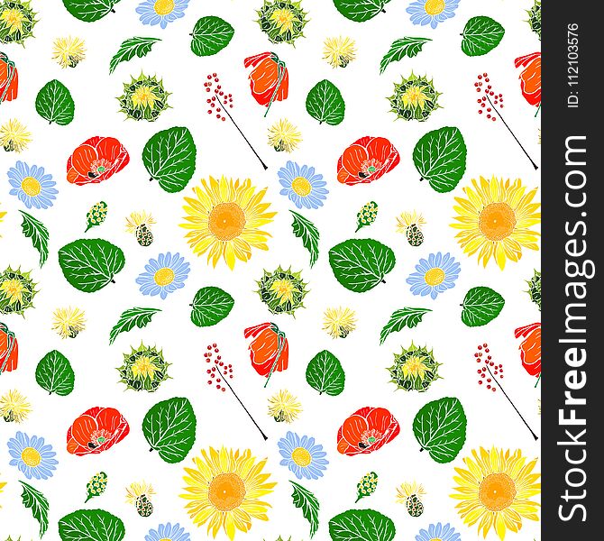 Poppy, sunflower, chamomile, green leaf and branch with berries seamless pattern isolated on white background