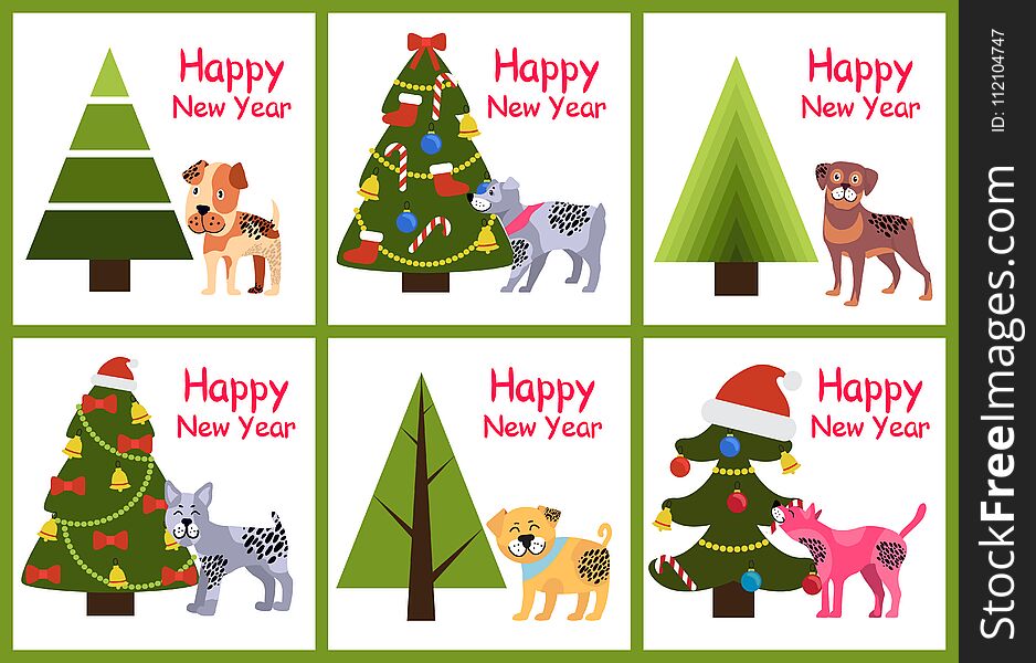 Set Of Happy New Year Posters Christmas Trees Dogs