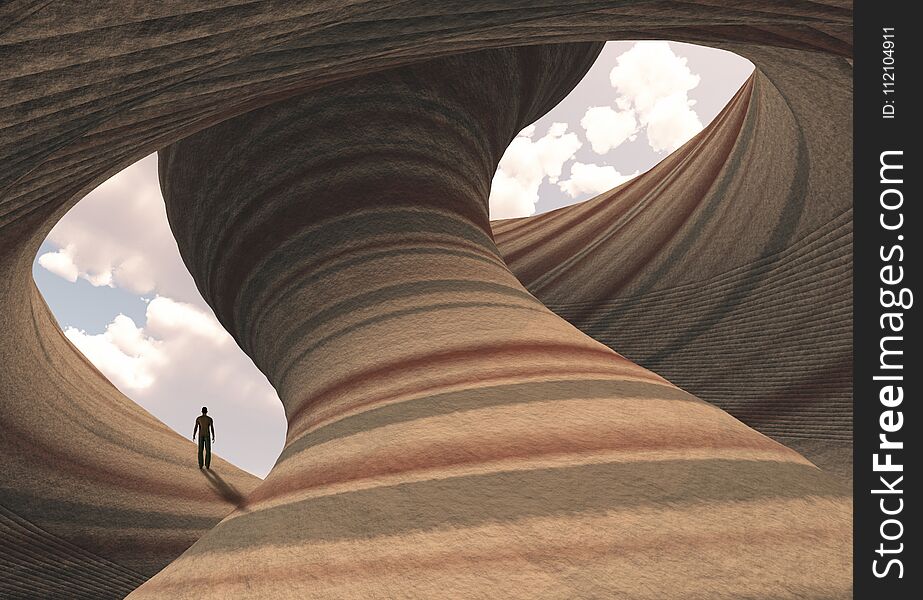 Man on carved canyon rock with cloudy sky. Human elements were created with 3D software and are not from any actual human likenesses. Man on carved canyon rock with cloudy sky. Human elements were created with 3D software and are not from any actual human likenesses.