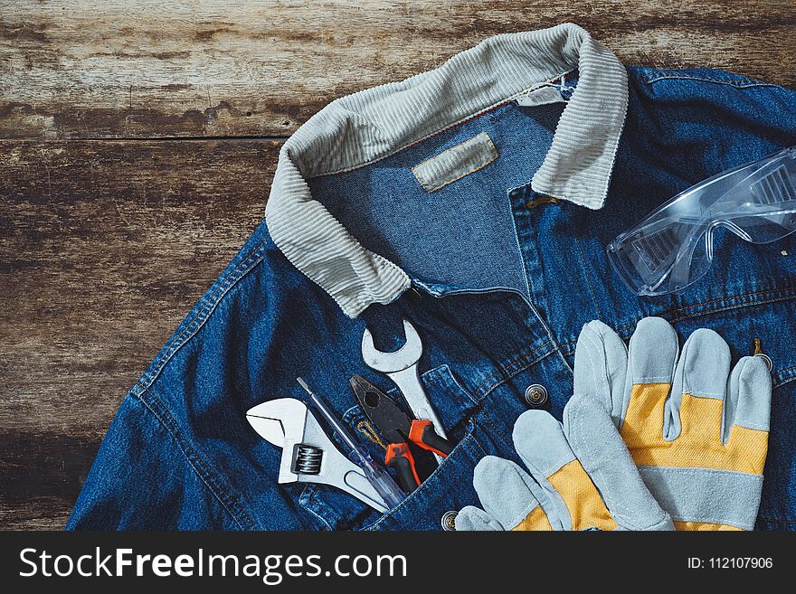 Jeans, Repair Equipment And Many Handy Tools. Top View With Copy