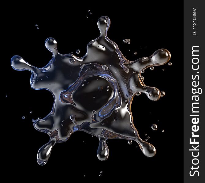 Water splash with water droplets isolated on black background. 3D illustration. Water splash with water droplets isolated on black background. 3D illustration