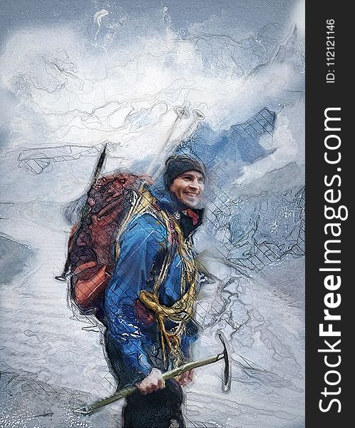Painting, Mountain, Mountaineering, Geological Phenomenon