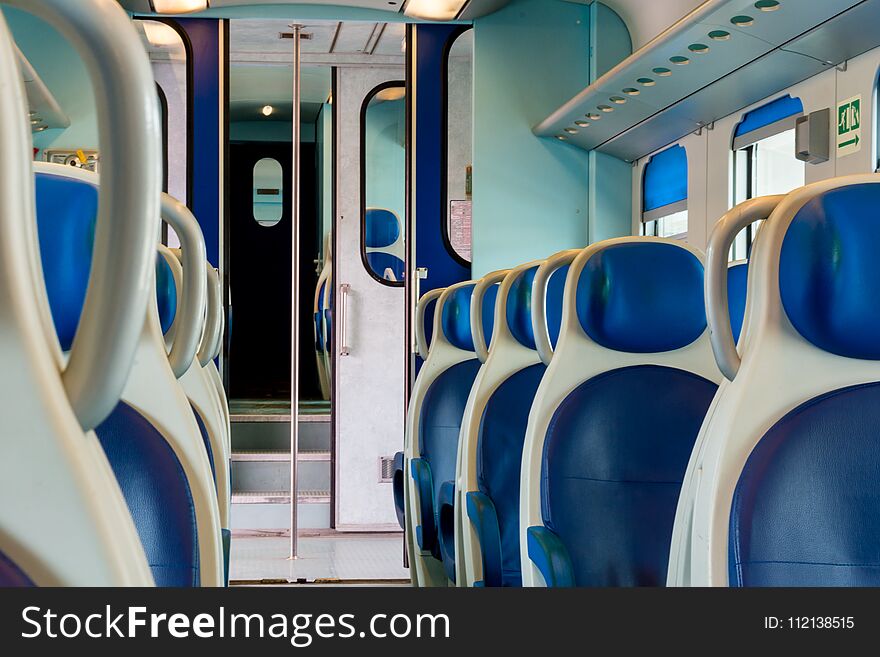 Horizontal View of the Sitting Places of the Interior of a Train Wagon. Taranto, South of Italy