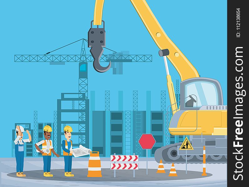 Under construction zone with enginners and crane truck over blue background, colorful design vector illustration. Under construction zone with enginners and crane truck over blue background, colorful design vector illustration