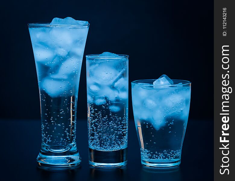 Drink. Water Glass And Ice, Dark Background